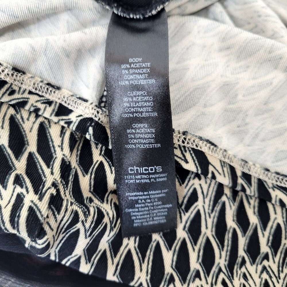 Chicos Travelers Black & Beige Patterned Pullover Top With Sheer Floral Sleeves - Picture 4 of 5